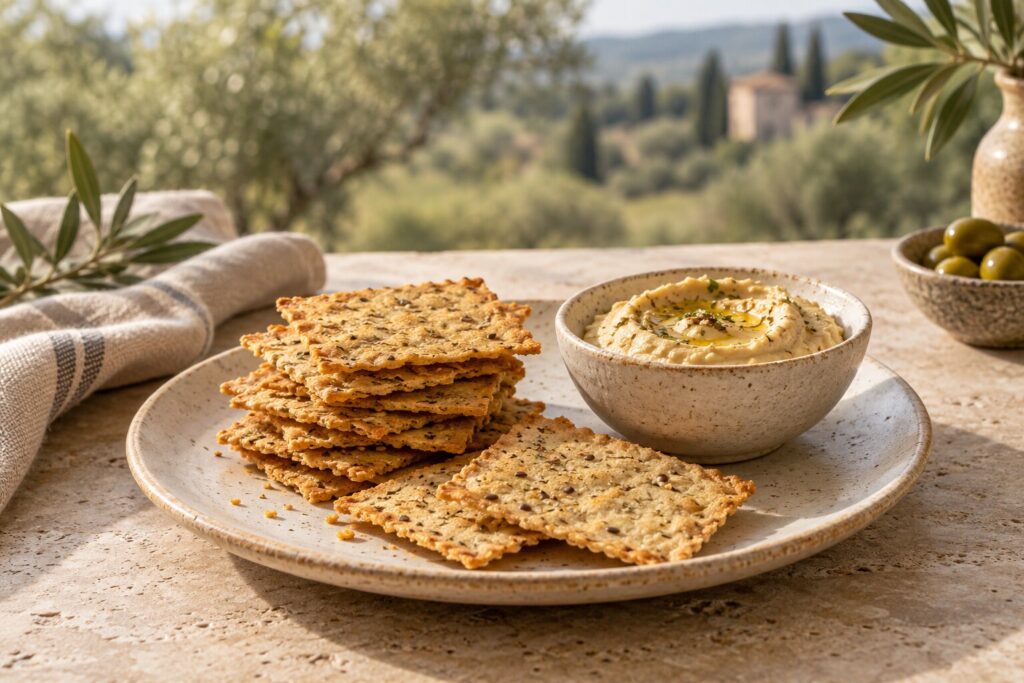 Imagen ilustrativa generada de crackers con hummus
